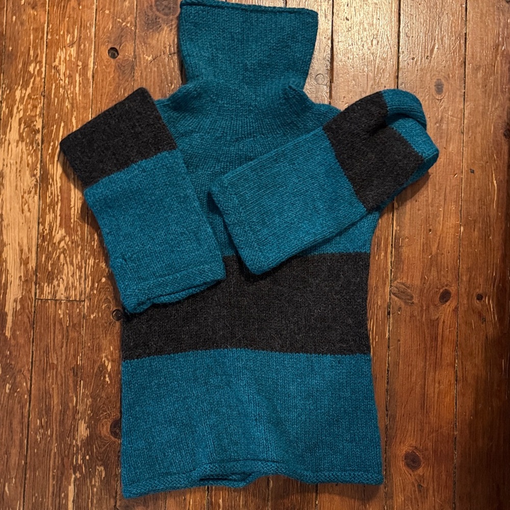 Teal and charcoal gray turtleneck sweater